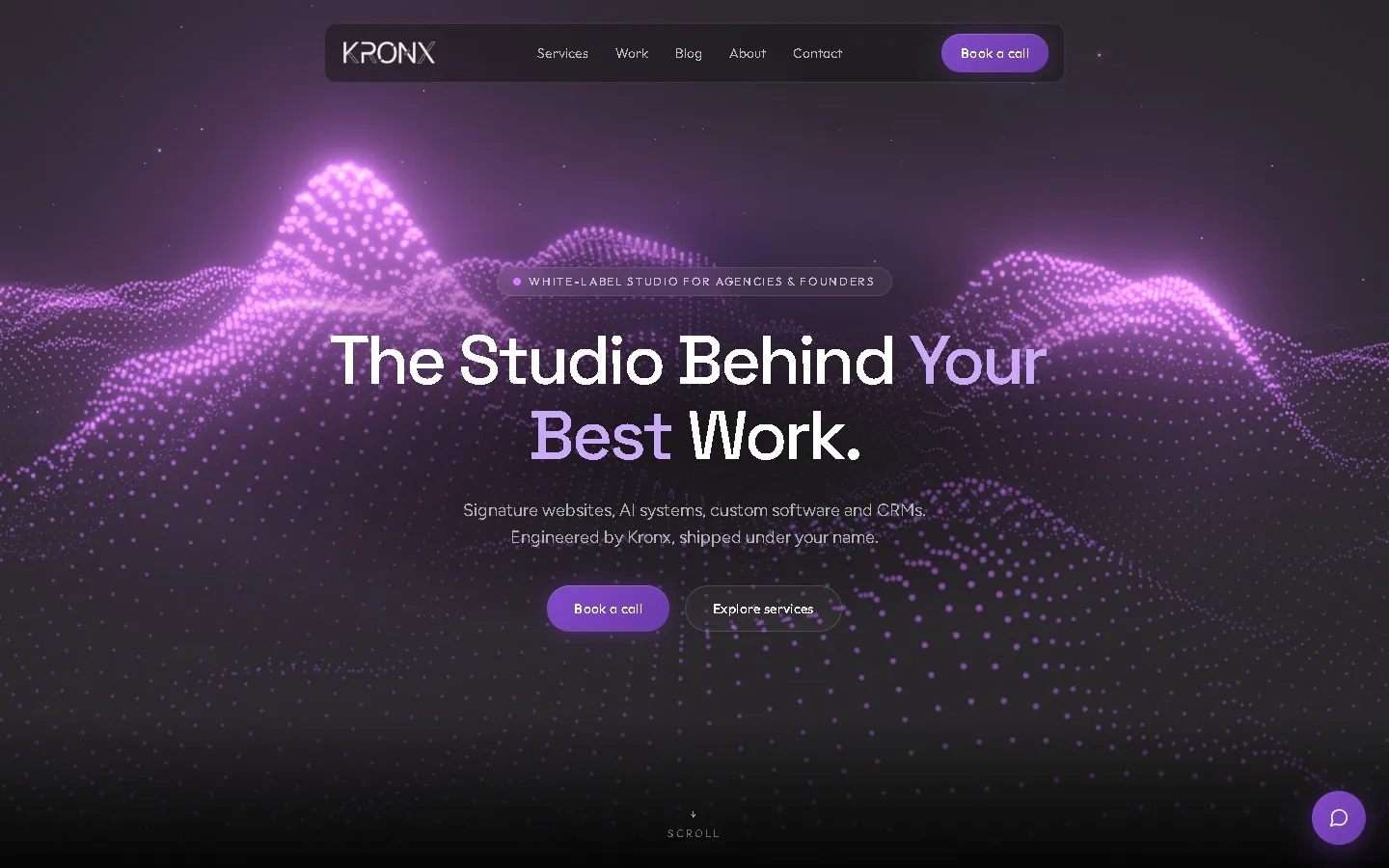 The live Kronx Studios homepage — the white-label engineering network behind websites, software, CRMs and AI systems shipped under a client’s own brand.