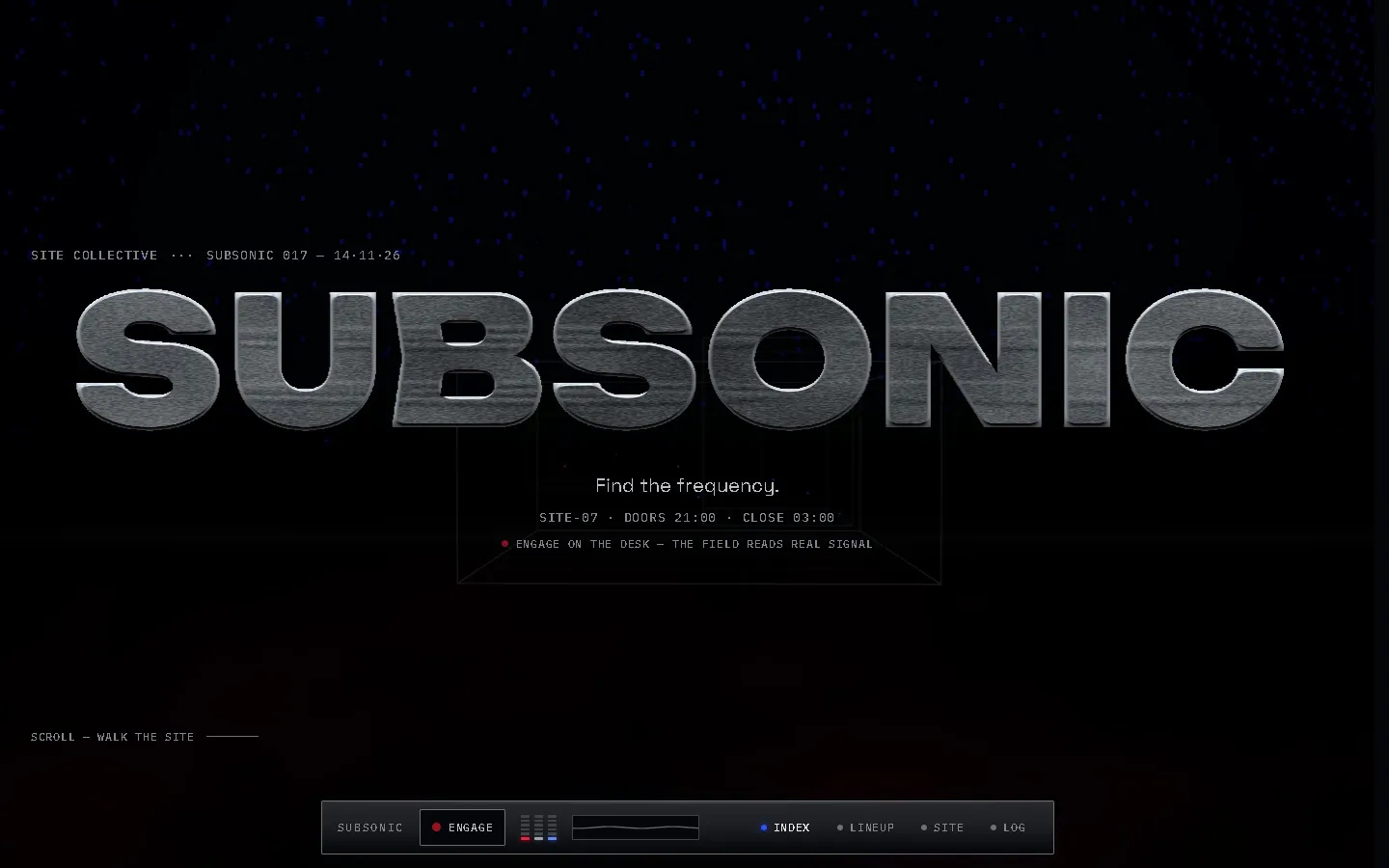 The live SUBSONIC concept site: a Sydney warehouse electronic-music-series homepage running a live audio-reactive chrome shader.
